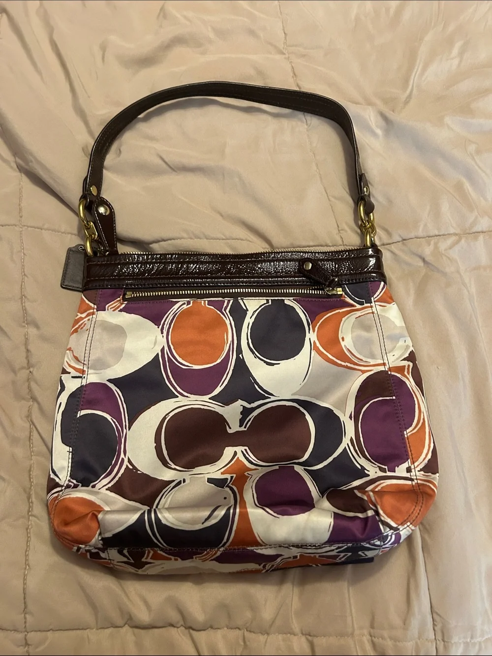 Coach Purple, Orange, Brown & White Circle-Print Shoulder Bag
